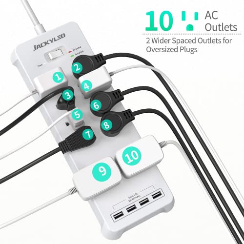 JACKYLED Surge Protector Power Strip with 4 Fast Charge USB Ports, 1875W/15A, 2100 Joules, 10 AC Widely Outlets, 5Ft Flat Plug Heavy Duty Extension Cord for Home, Office, Dorm Room, ETL Listed, White