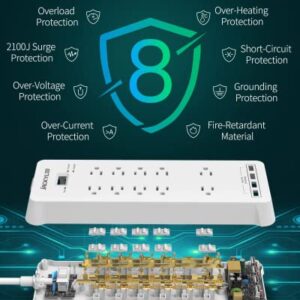 JACKYLED Surge Protector Power Strip with 4 Fast Charge USB Ports, 1875W/15A, 2100 Joules, 10 AC Widely Outlets, 5Ft Flat Plug Heavy Duty Extension Cord for Home, Office, Dorm Room, ETL Listed, White