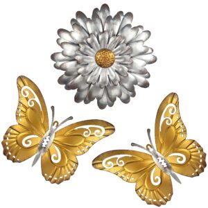 joybee 3pcs metal flower with butterfly wall decor - wall art decorations flower with 2pcs butterfly spring yard garden decor hanging for bedroom, living room, bathroom,office
