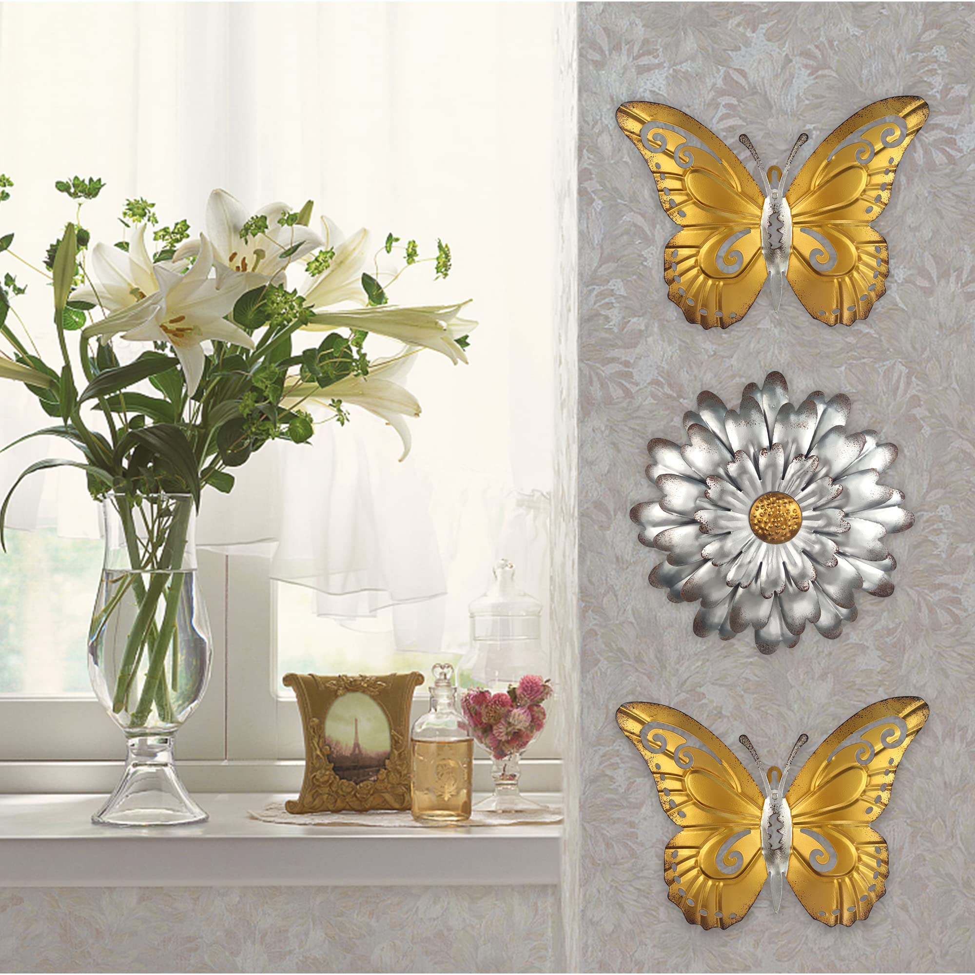 JOYBee 3Pcs Metal Flower With Butterfly Wall Decor - Wall Art Decorations Flower With 2Pcs Butterfly Spring Yard Garden Decor Hanging for Bedroom, Living Room, Bathroom,Office