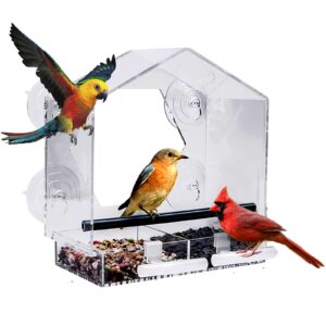 transparent window bird feeder with strong suction cups for wild birds with hexagonal watching window for taking pictures viewing birds indoors.