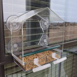 Transparent Window Bird Feeder with Strong Suction Cups for Wild Birds with Hexagonal Watching Window for Taking Pictures Viewing Birds Indoors.