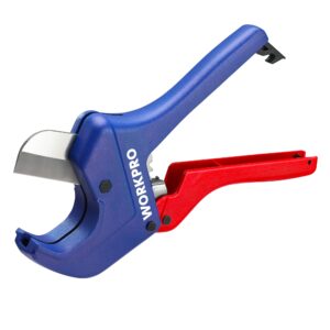 workpro ratchet pvc pipe cutter tool, up to 2-1/2", pex cutting tool for cutting pex, pvc, ppr, and plastic hoses with sharp 5cr15mov stainless steel blades, suitable for home repairs and plumbers