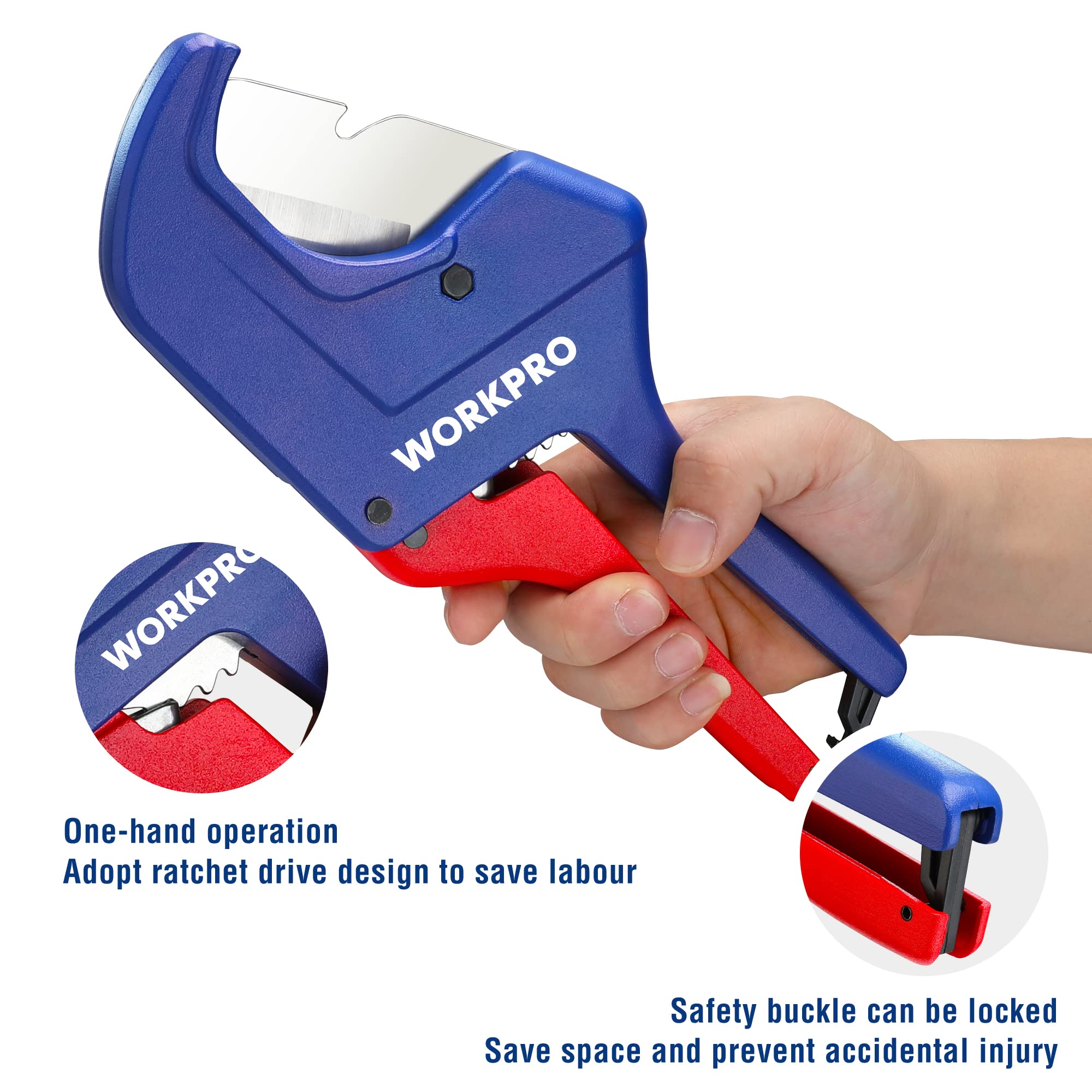 WORKPRO Ratchet PVC Pipe Cutter Tool, Up to 2-1/2", Pex Cutting Tool for Cutting PEX, PVC, PPR, and Plastic Hoses with Sharp 5Cr15MoV Stainless Steel Blades, Suitable for Home Repairs and Plumbers