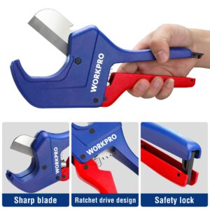 WORKPRO Ratchet PVC Pipe Cutter Tool, Up to 2-1/2", Pex Cutting Tool for Cutting PEX, PVC, PPR, and Plastic Hoses with Sharp 5Cr15MoV Stainless Steel Blades, Suitable for Home Repairs and Plumbers