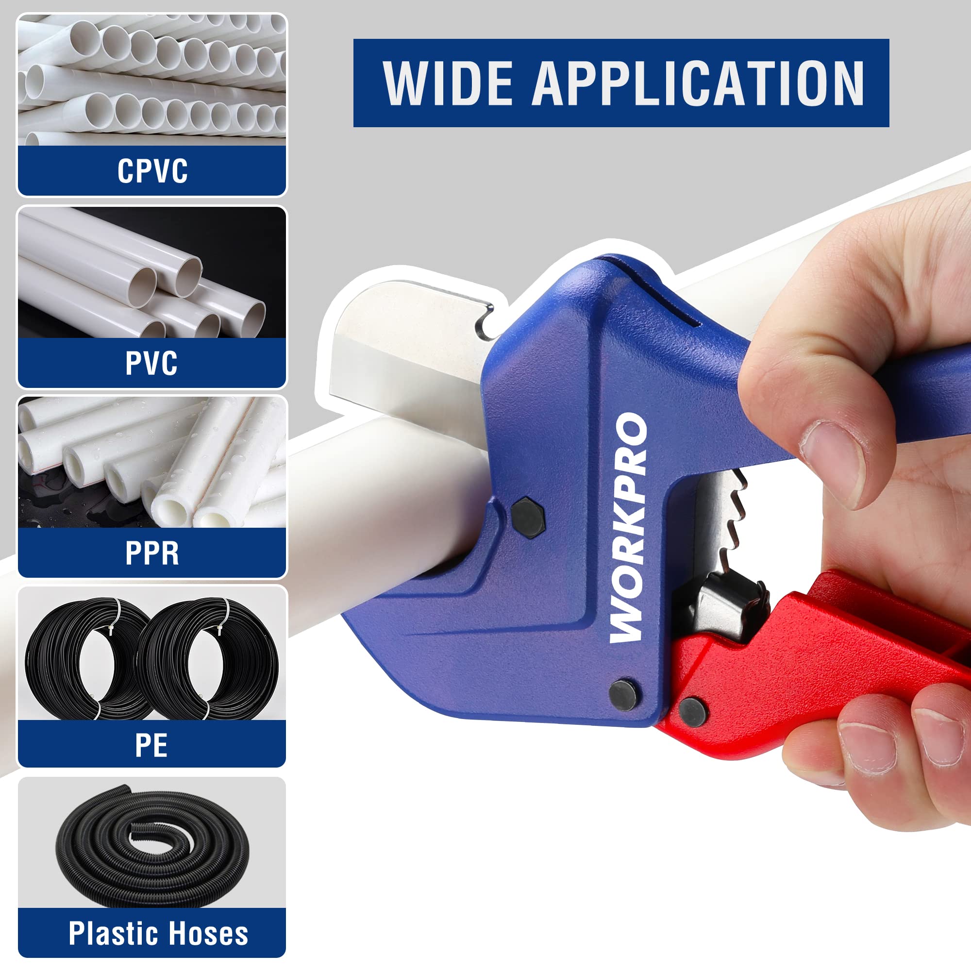 WORKPRO Ratchet PVC Pipe Cutter Tool, Up to 2-1/2", Pex Cutting Tool for Cutting PEX, PVC, PPR, and Plastic Hoses with Sharp 5Cr15MoV Stainless Steel Blades, Suitable for Home Repairs and Plumbers