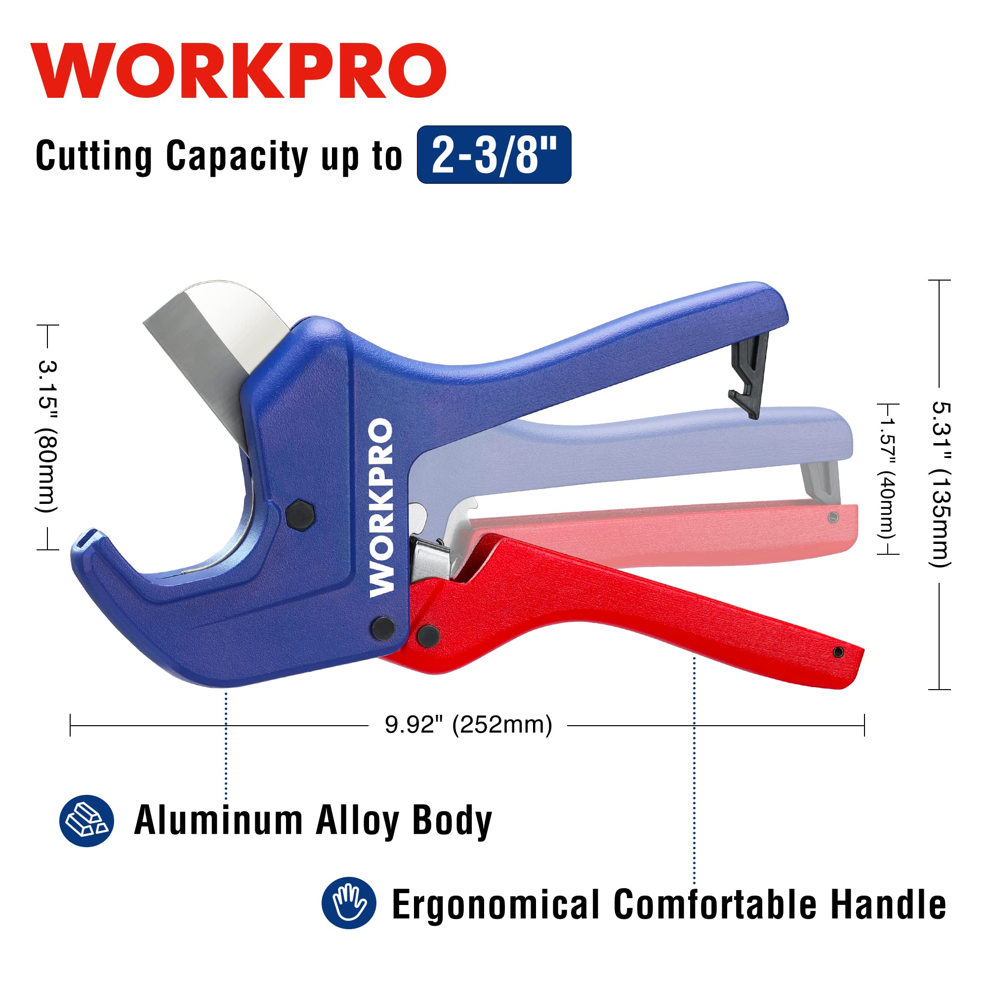 WORKPRO Ratchet PVC Pipe Cutter Tool, Up to 2-1/2", Pex Cutting Tool for Cutting PEX, PVC, PPR, and Plastic Hoses with Sharp 5Cr15MoV Stainless Steel Blades, Suitable for Home Repairs and Plumbers