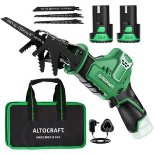 altocraft 12v cordless reciprocating saw with 2 batteries,portable small power cutter w/clamping jaw,variable speed,tool-free blade change,3 saw blades for wood/metal/pvc cutting