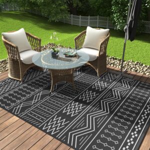 Outdoor Rug Carpet Waterproof 5x8 ft Patio Rug Mat Indoor Outdoor Area Rug for RV Camping Picnic Reversible Lightweight Plastic Straw Outside Rug for Patio Decor Decoration Boho Rug Black White