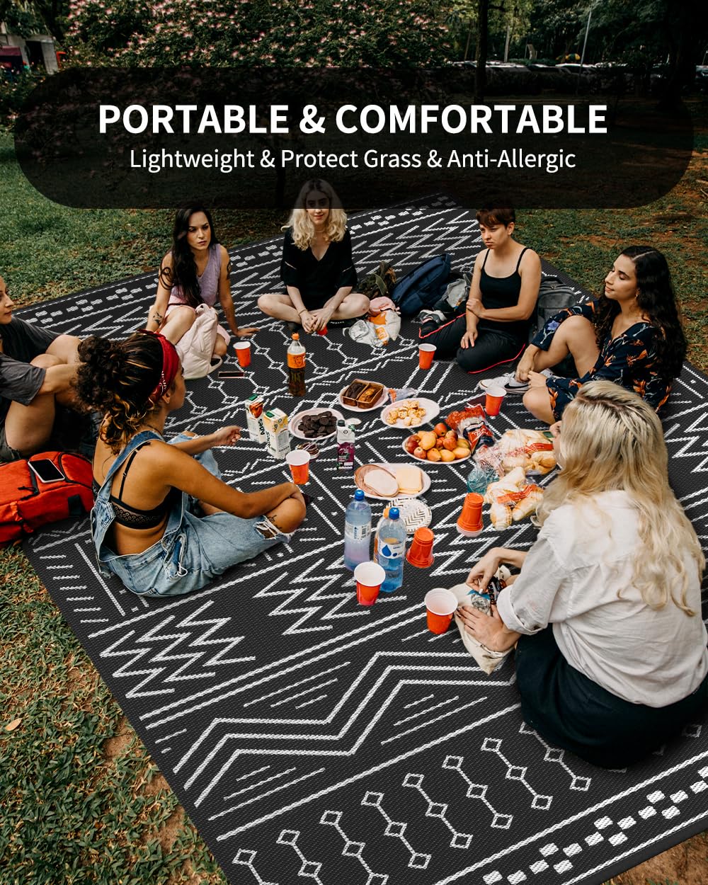 Outdoor Rug Carpet Waterproof 5x8 ft Patio Rug Mat Indoor Outdoor Area Rug for RV Camping Picnic Reversible Lightweight Plastic Straw Outside Rug for Patio Decor Decoration Boho Rug Black White