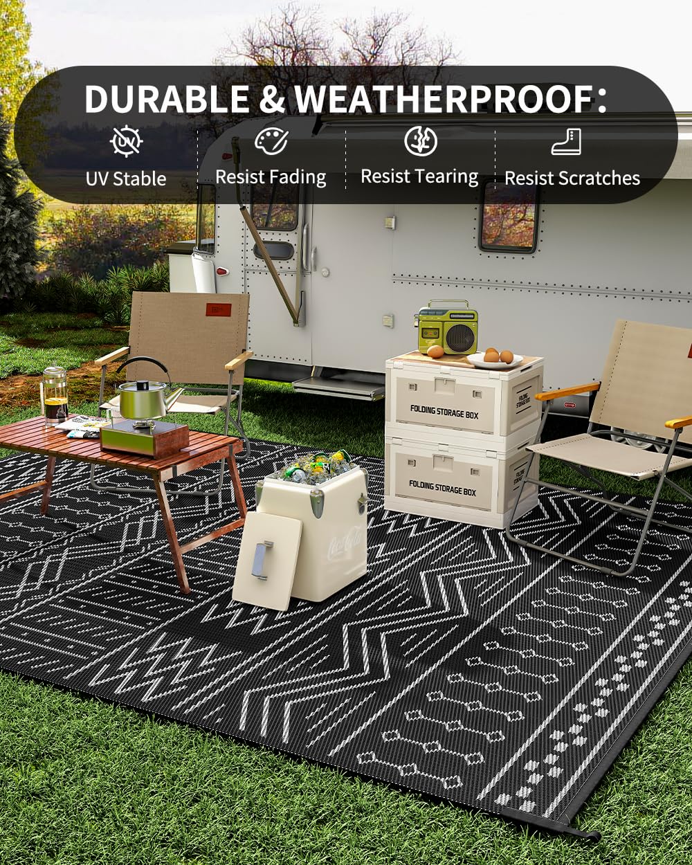Outdoor Rug Carpet Waterproof 5x8 ft Patio Rug Mat Indoor Outdoor Area Rug for RV Camping Picnic Reversible Lightweight Plastic Straw Outside Rug for Patio Decor Decoration Boho Rug Black White