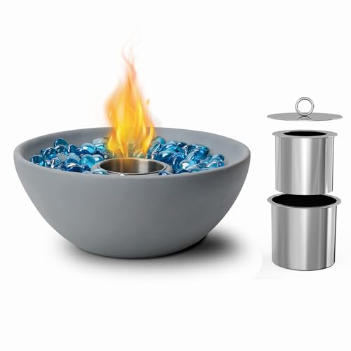 Tabletop Fire Bowl, 10.5 Inch Portable Clean Burning Alcohol Firepit, Concrete Fireplace for Indoor and Outdoor use Gray