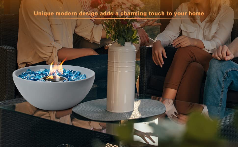 Tabletop Fire Bowl, 10.5 Inch Portable Clean Burning Alcohol Firepit, Concrete Fireplace for Indoor and Outdoor use Gray