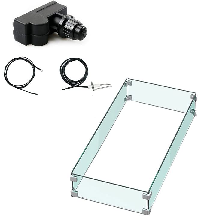 Uniflasy Fire Pit Igniter Push Button Ignition Kit with 2 Outlet and Fire Pit Glass Wind Guard 31"x 12"x 6" Flame/Wind Guard Fence Tempered Glass for Fire Pit Table, 5/16" Thick