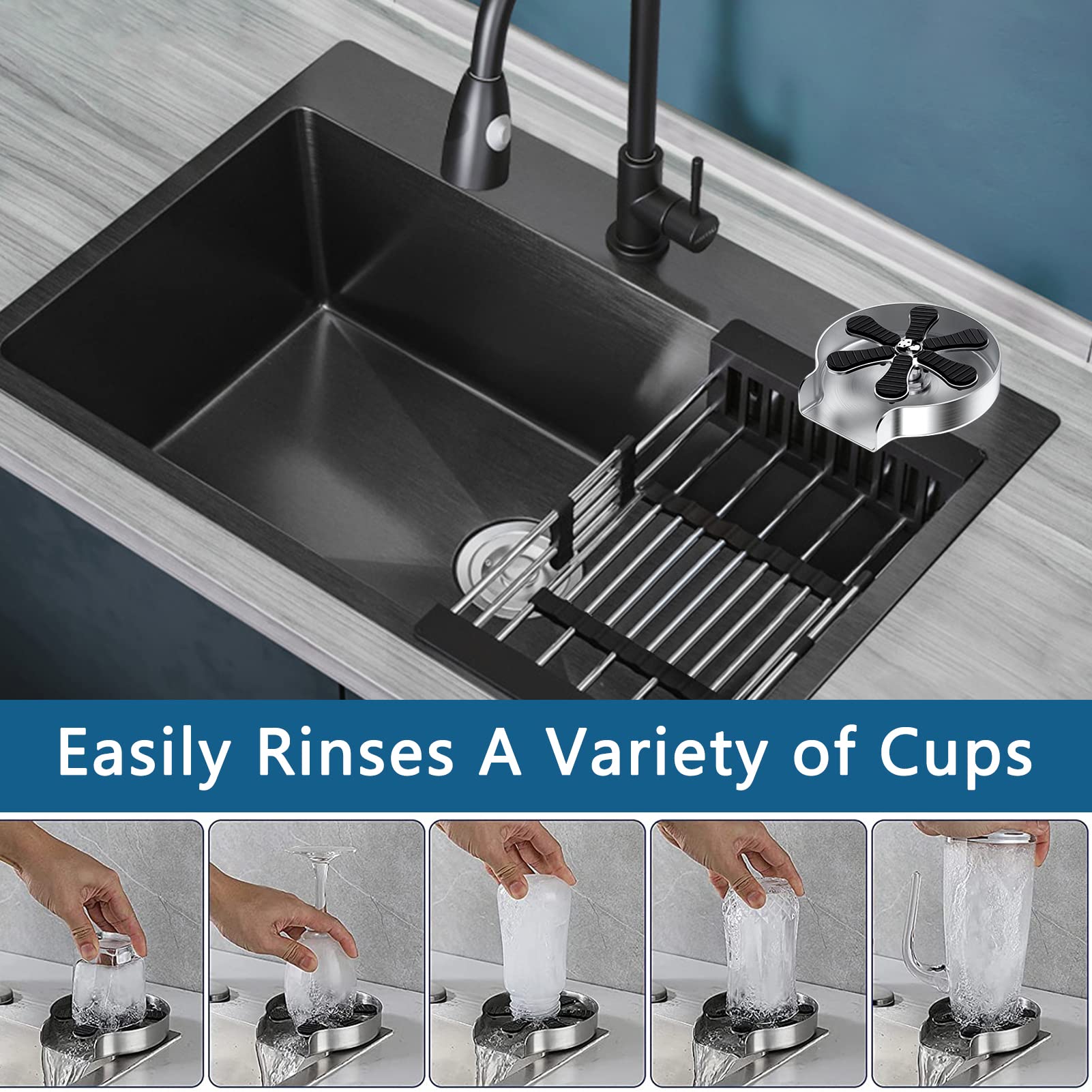 KAGM Glass Rinser for Kitchen Sink, Faucet Glass Washer Cleaner Accessories, Stainless Steel Bar Cup Cleaner for Sink Cup Bottle Washer Kitchen Sink Accessories