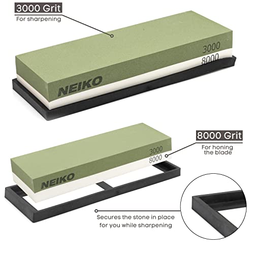 NEIKO 54003A Whetstone, Knife Sharpening Stone, 3000 & 8000 Grit, Coarse, 2 Side Sharpener Stone, Water Sharpening Stone Set, Scissor, Blade, Kitchen Knife Sharpener Stone, Wet Stone Sharpening Kit