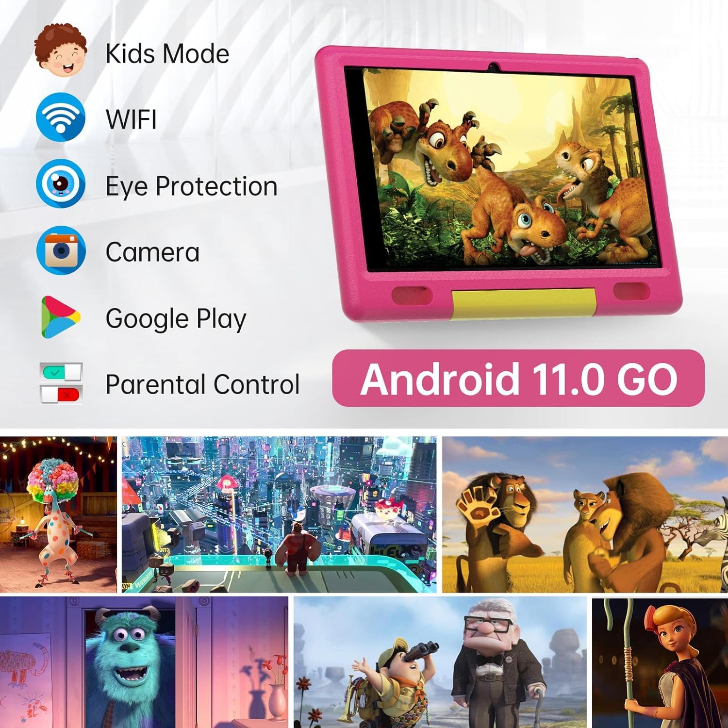 LVILLE Kids Tablet 10" Android 12 Tablet PC 10.1" Display, Quad Core Processor, 2GB+32GB, 6000mAh, Kidoz Pre Installed, Parental Control Tablet for Kids, Wi-Fi, Bluetooth, Kid-Proof Case (Pink)