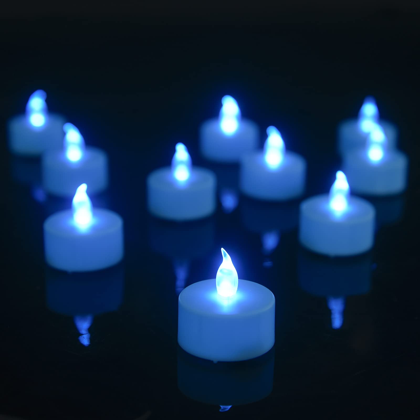 Battery Operated Tea Lights Candles-LED Flameless Flickering Votive Electric Candle lamp Long Lasting 200 Hours,24 Pack Realistic and Bright for Seasonal Festive Celebrations Decoration (Blue)