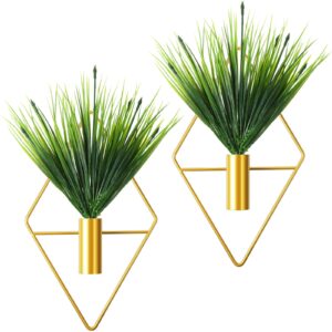 2 pieces diamond shape hanging planters with artificial aquatic plants metal hanging vase indoor plants holder modern geometric wall decor for home living room office (gold, aquatic plant)