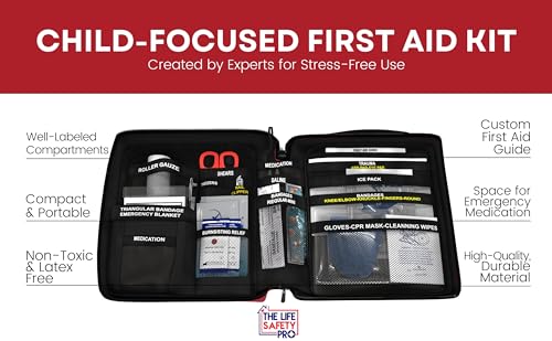 Portable First Aid and CPR Kit for Children - Ideal for Home, Car, School, Camping, and Travel. Latex-Free Bandages – Custom First Aid Guide by The Life Safety Pro