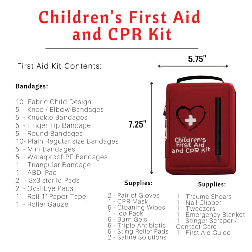 Portable First Aid and CPR Kit for Children - Ideal for Home, Car, School, Camping, and Travel. Latex-Free Bandages – Custom First Aid Guide by The Life Safety Pro