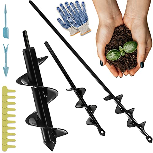 Auger Drill Bit for Planting of 3 Pack (1.6''x9'' & 1.6''x16.5'' & 3.1''x9.8'') - Post Hole Digger for 3/8" Hex Drive Drill with Gloves, Garden Auger Spiral Drill Bit for Bed Cultivat Seedl Dig Weed