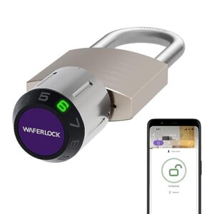 waferlock outdoor weatherproof smart padlock with bluetooth app control, keycard, pin code, ideal for fence, gate, shed and equipment maintenance, anti-drill, anti-shim, stainless steel, c210