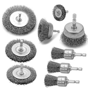vidica wire brush for drill set 9pcs,abrasive wire wheel for 1/4 inch hex shank, wire cup brush for drill, coarse crimped carbon steel wire brush set for removing paint and rust