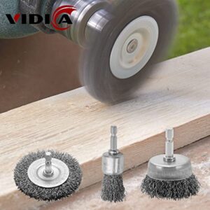 VIDICA Wire Brush for Drill Set 9Pcs,Abrasive Wire Wheel for 1/4 Inch Hex Shank, Wire Cup Brush for Drill, Coarse Crimped Carbon Steel Wire Brush Set for Removing Paint and Rust