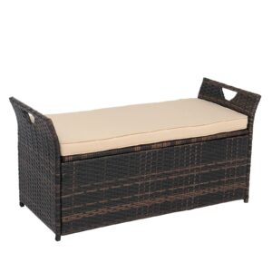 frithjill wicker storage bench with cushion, outdoor patio rattan deck box, 33 gallon storage trunk organizer ottoman