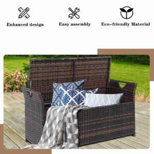 FRITHJILL Wicker Storage Bench with Cushion, Outdoor Patio Rattan Deck Box, 33 Gallon Storage Trunk Organizer Ottoman