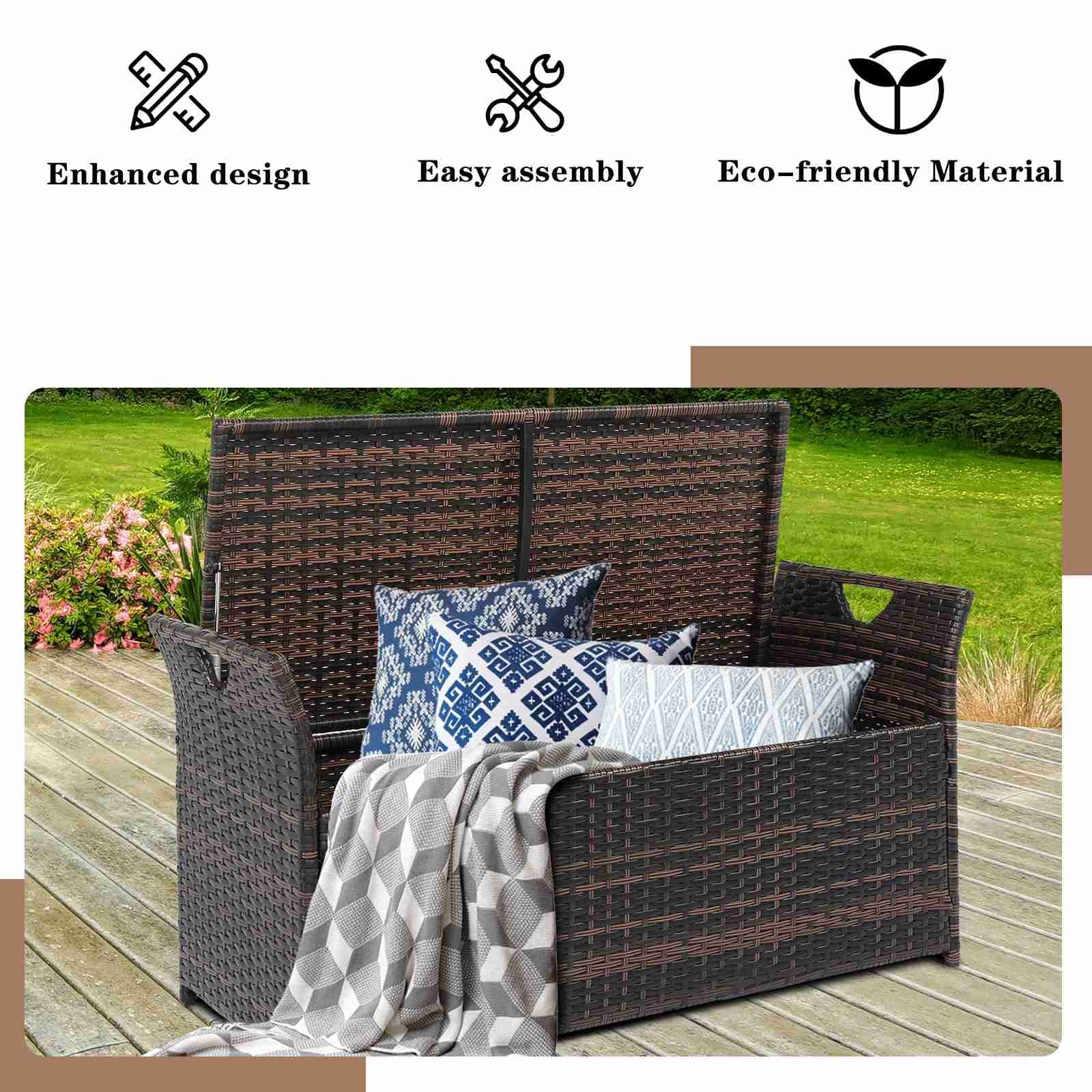 FRITHJILL Wicker Storage Bench with Cushion, Outdoor Patio Rattan Deck Box, 33 Gallon Storage Trunk Organizer Ottoman