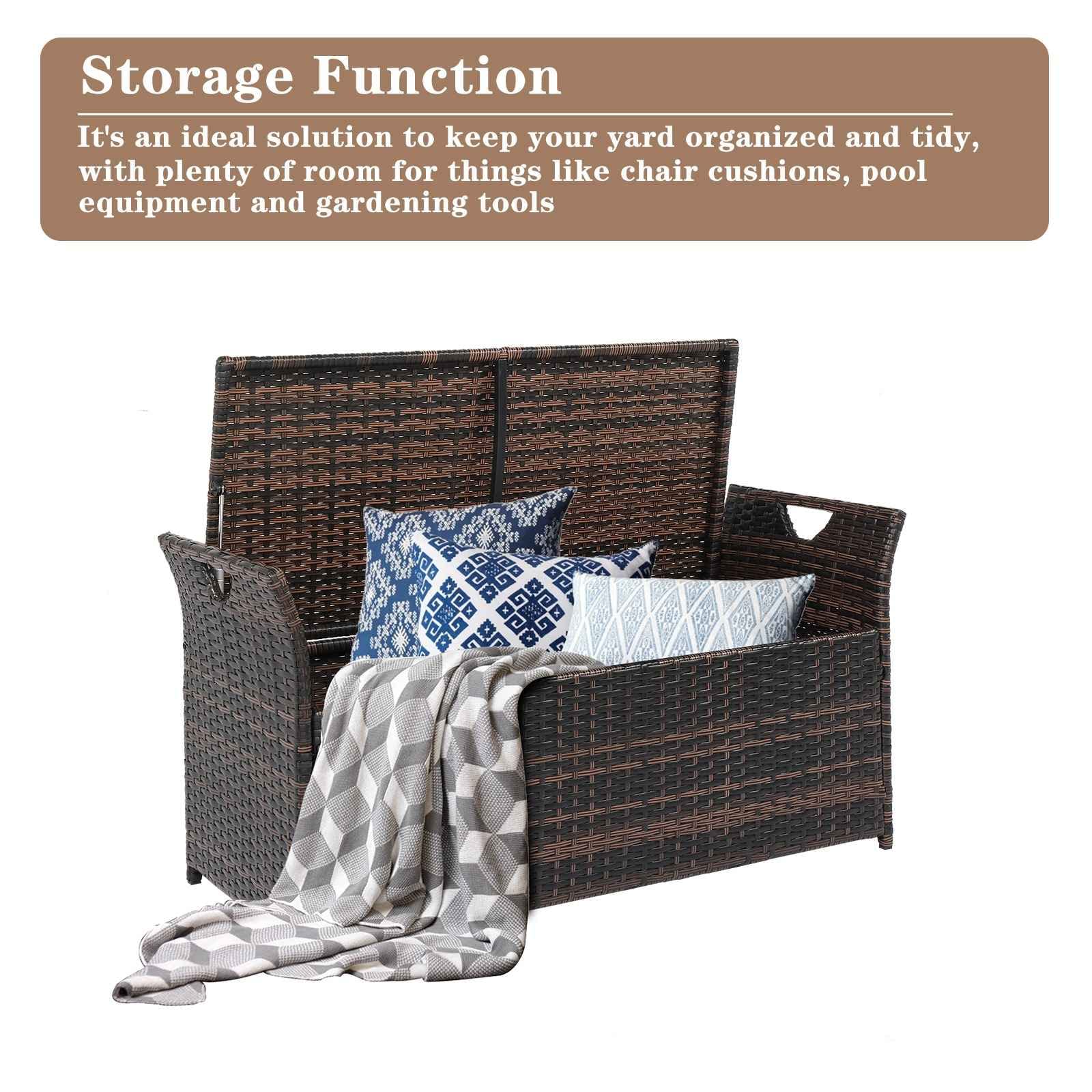 FRITHJILL Wicker Storage Bench with Cushion, Outdoor Patio Rattan Deck Box, 33 Gallon Storage Trunk Organizer Ottoman
