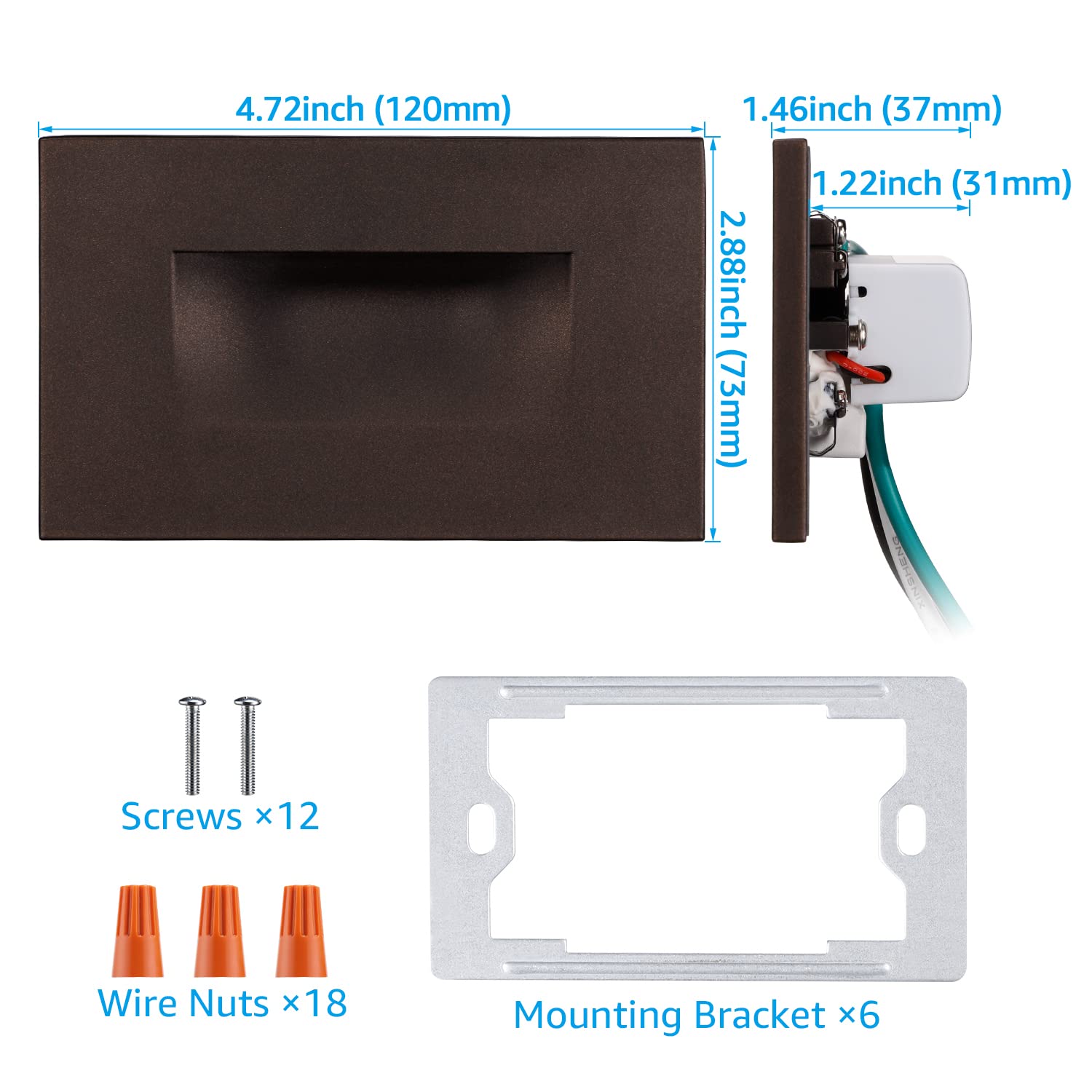 LEONLITE 12-Pack Premium Series 3CCT 120V LED Step Lights, Dimmable 3.5W Indoor Outdoor Stair Light, 3000K/4000K/5000K Selectable, CRI90, 150LM, ETL, Horizontal, IP65, Aluminum, Oil Rubbed Bronze