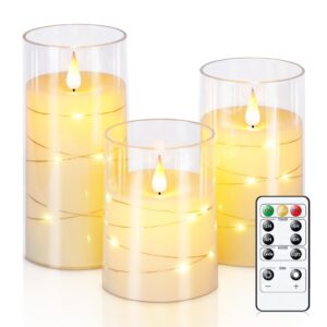 homemory flickering flameless candles with string lights, battery operated candles, embedded string lights led candles, unbreakable plexiglass candles with remote, set of 3, ivory white