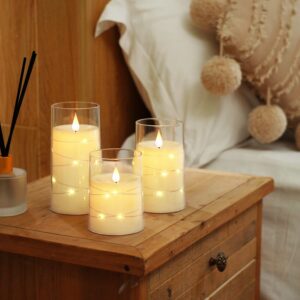 Homemory Flickering Flameless Candles with String Lights, Battery Operated Candles, Embedded String Lights LED Candles, Unbreakable Plexiglass Candles with Remote, Set of 3, Ivory White