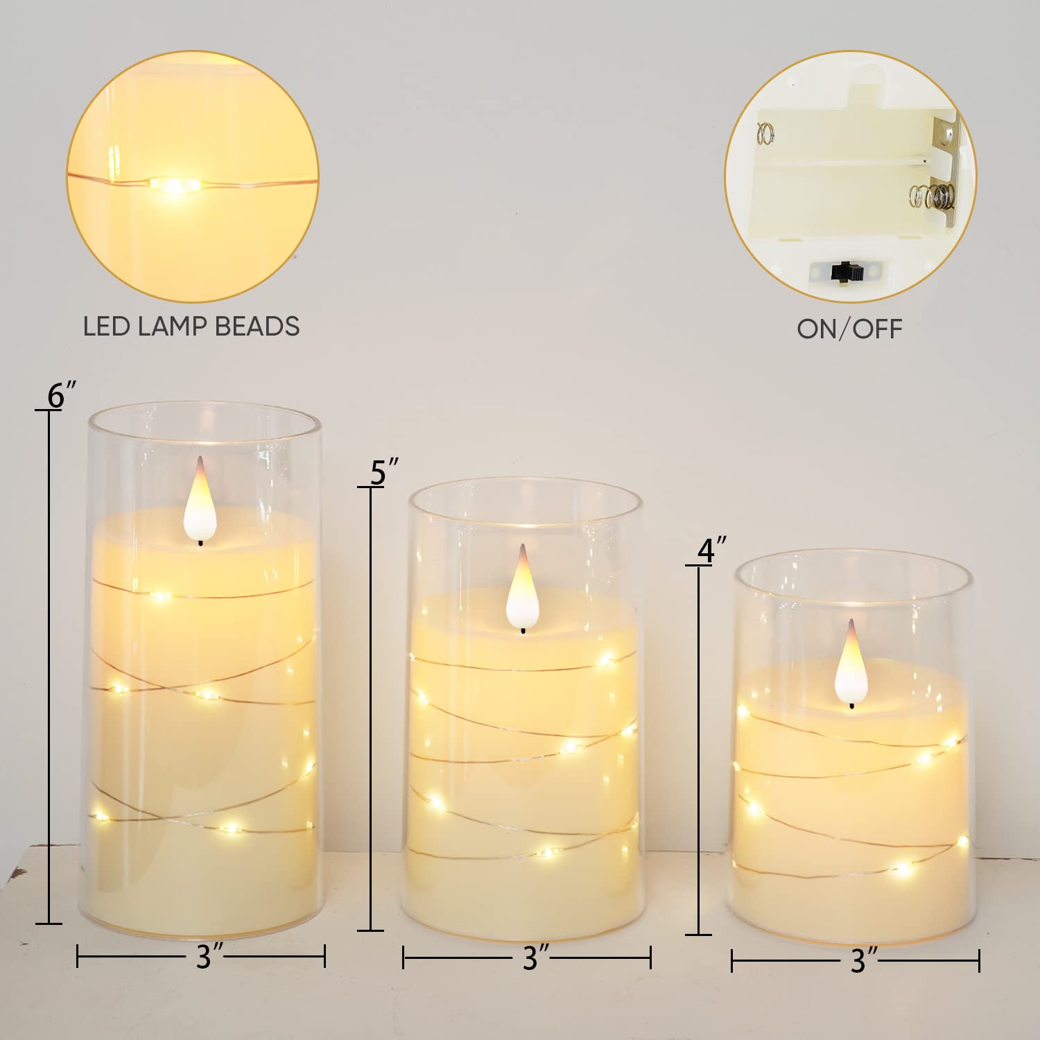 Homemory Flickering Flameless Candles with String Lights, Battery Operated Candles, Embedded String Lights LED Candles, Unbreakable Plexiglass Candles with Remote, Set of 3, Ivory White