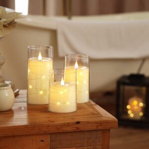 Homemory Flickering Flameless Candles with String Lights, Battery Operated Candles, Embedded String Lights LED Candles, Unbreakable Plexiglass Candles with Remote, Set of 3, Ivory White