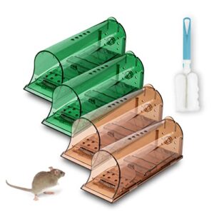 caona llc humane mouse trap - set of 4 humane mouse traps indoor for home [2x green, 2x brown] - animal friendly live mouse trap -mouse traps - set includes a cleaning stick