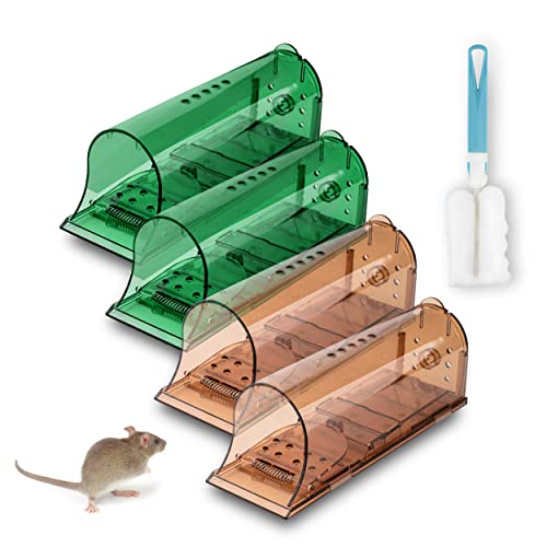 CAONA LLC Humane Mouse Trap - Set of 4 Humane Mouse Traps Indoor for Home [2X Green, 2X Brown] - Animal Friendly Live Mouse Trap -Mouse Traps - Set Includes a Cleaning Stick