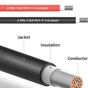 Solar Panel Extension Cable 6FT - 6Feet 10AWG(6mm²) Solar Extension Cable Wire with Female and Male Connector,10Gauge 6FT Black & 6FT Red Solar Panel Wiring for RV Solar Panels, Home, Boat