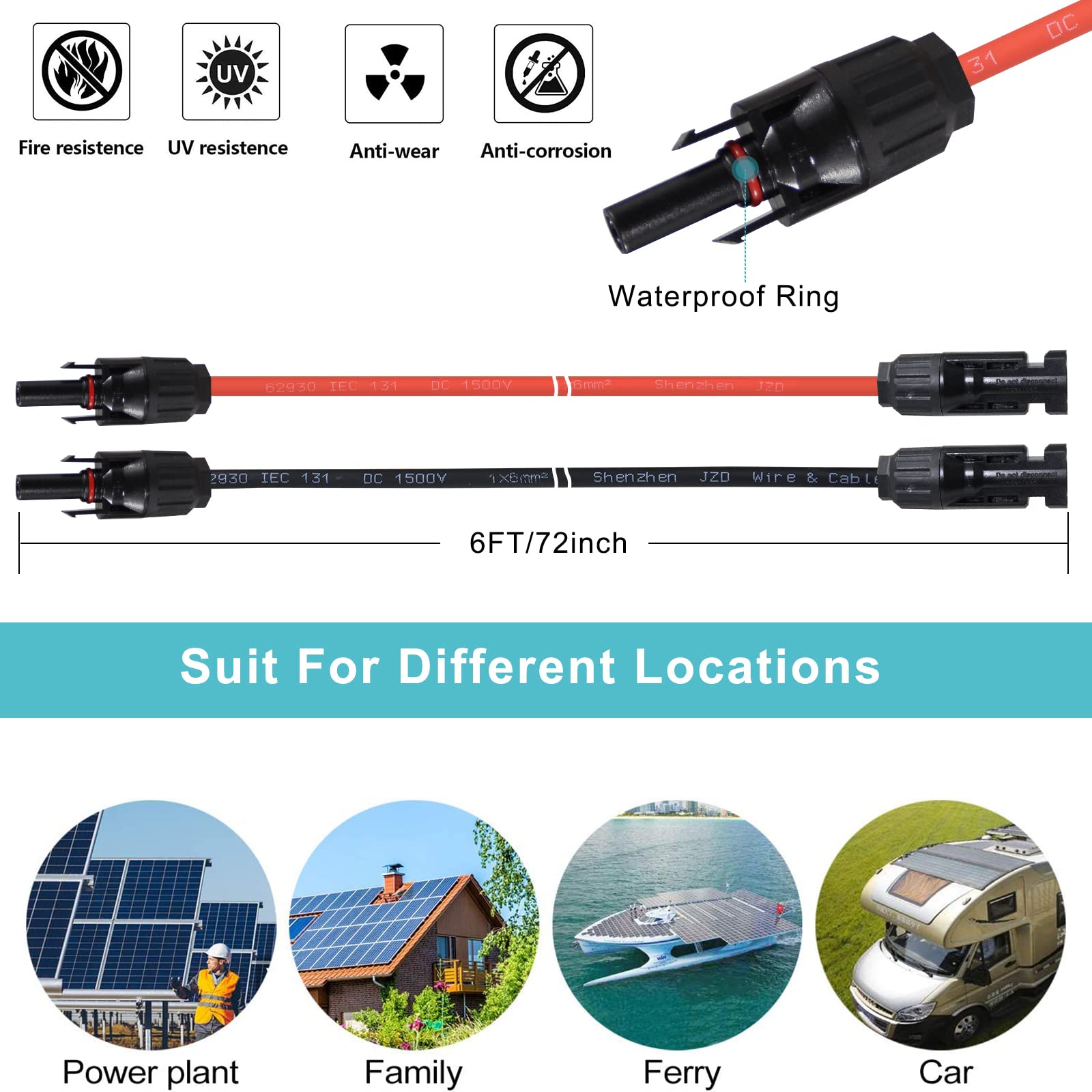 Solar Panel Extension Cable 6FT - 6Feet 10AWG(6mm²) Solar Extension Cable Wire with Female and Male Connector,10Gauge 6FT Black & 6FT Red Solar Panel Wiring for RV Solar Panels, Home, Boat