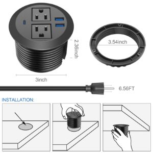 Desk Power Grommet Outlet, Recessed Power Strip Socket with USB-C