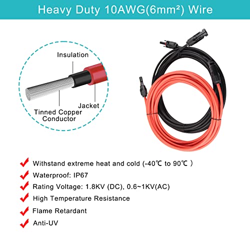 Solar Panel Extension Cable 20FT - 20Feet 10AWG(6mm²) Solar Extension Cable Wire with Female and Male Connector,10Gauge 20FT Black & 20FT Red Solar Panel Wiring for RV Solar Panels, Home, Boat