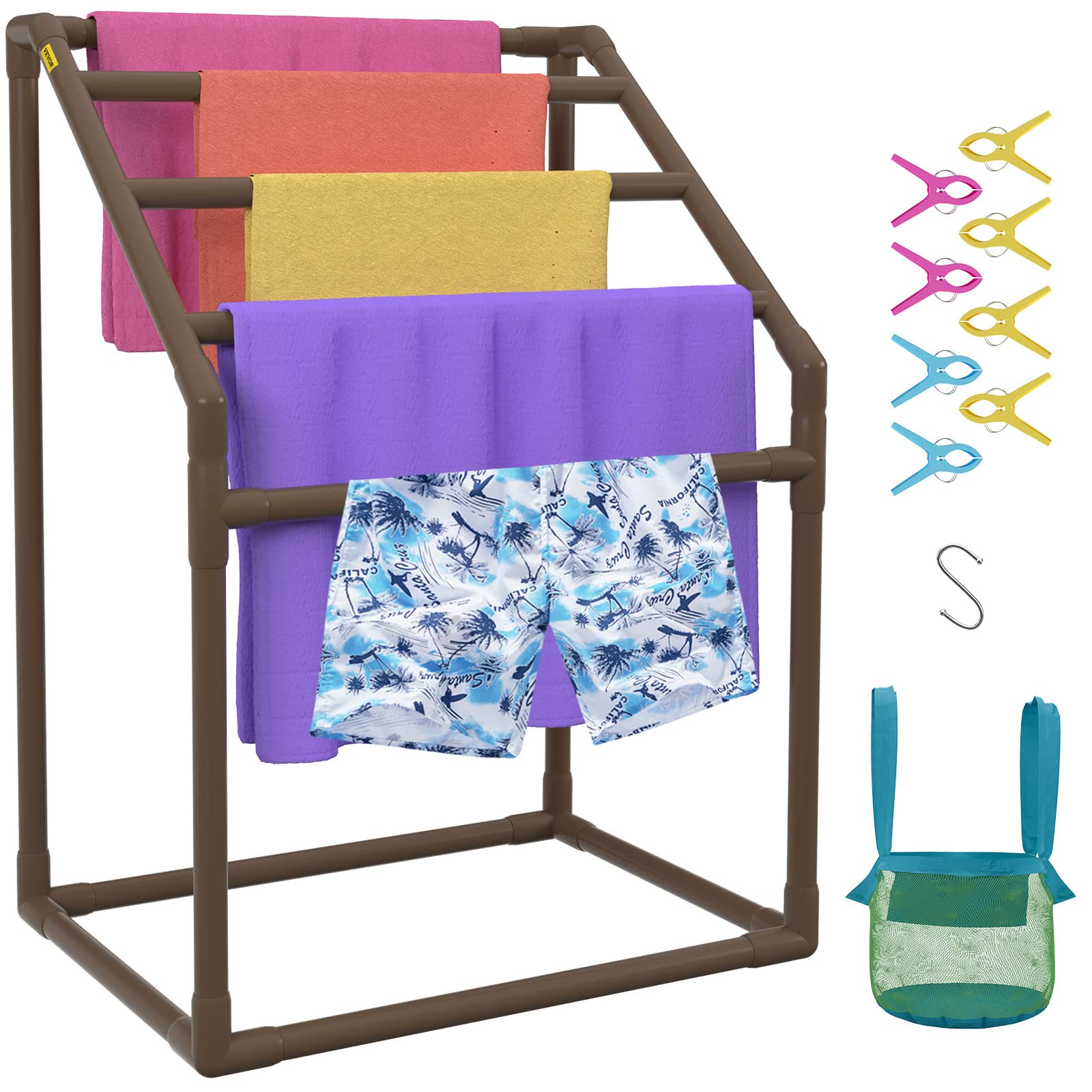 VEVOR Pool Towel Rack, 5 Bar, Brown, Freestanding Outdoor PVC Trapedozal Poolside Storage Organizer, Include 8 Towel Clips, Mesh Bag, Hook, Also Stores Floats and Paddles, for Beach, Swimming Pool