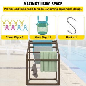 VEVOR Pool Towel Rack, 5 Bar, Brown, Freestanding Outdoor PVC Trapedozal Poolside Storage Organizer, Include 8 Towel Clips, Mesh Bag, Hook, Also Stores Floats and Paddles, for Beach, Swimming Pool