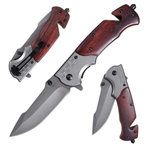 sharpken Pocket Knife for Men Women, Folding Knife with Clip + Seatbelt Cutter + Glass Breaker + Wood Handle