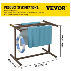 VEVOR Pool Towel Rack, 5 Bar, Brown, Freestanding Outdoor PVC T-Shape Poolside Storage Organizer, Include 8 Towel Clips, Mesh Bag, Hook, Also Stores Floats and Paddles, for Beach, Swimming Pool, Home