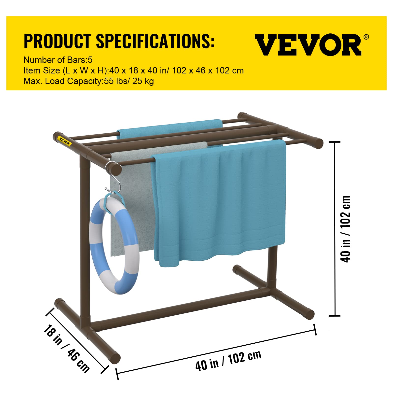 VEVOR Pool Towel Rack, 5 Bar, Brown, Freestanding Outdoor PVC T-Shape Poolside Storage Organizer, Include 8 Towel Clips, Mesh Bag, Hook, Also Stores Floats and Paddles, for Beach, Swimming Pool, Home