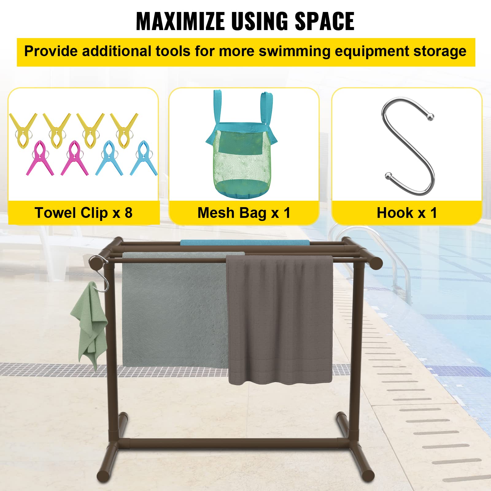 VEVOR Pool Towel Rack, 5 Bar, Brown, Freestanding Outdoor PVC T-Shape Poolside Storage Organizer, Include 8 Towel Clips, Mesh Bag, Hook, Also Stores Floats and Paddles, for Beach, Swimming Pool, Home